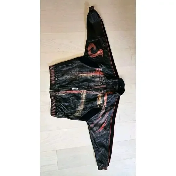 Rare Davoucci Leather Jacket Heavy Baggy Vintage Y2K Full Art Black Size XL